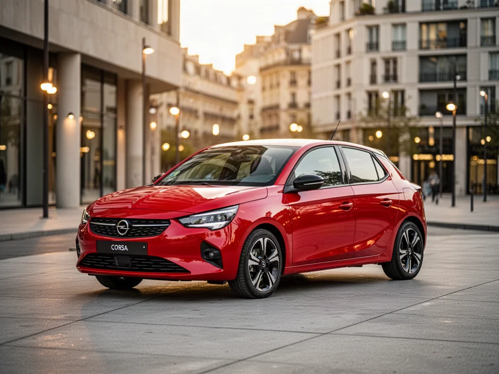 Czerwony Opel Corsa F zaparkowany na miejskiej ulicy w świetle zachodzącego słońca.
