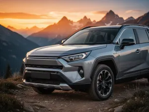 Niebieski Renault Captur zaparkowany na malowniczej nadmorskiej drodze podczas zachodu słońca.