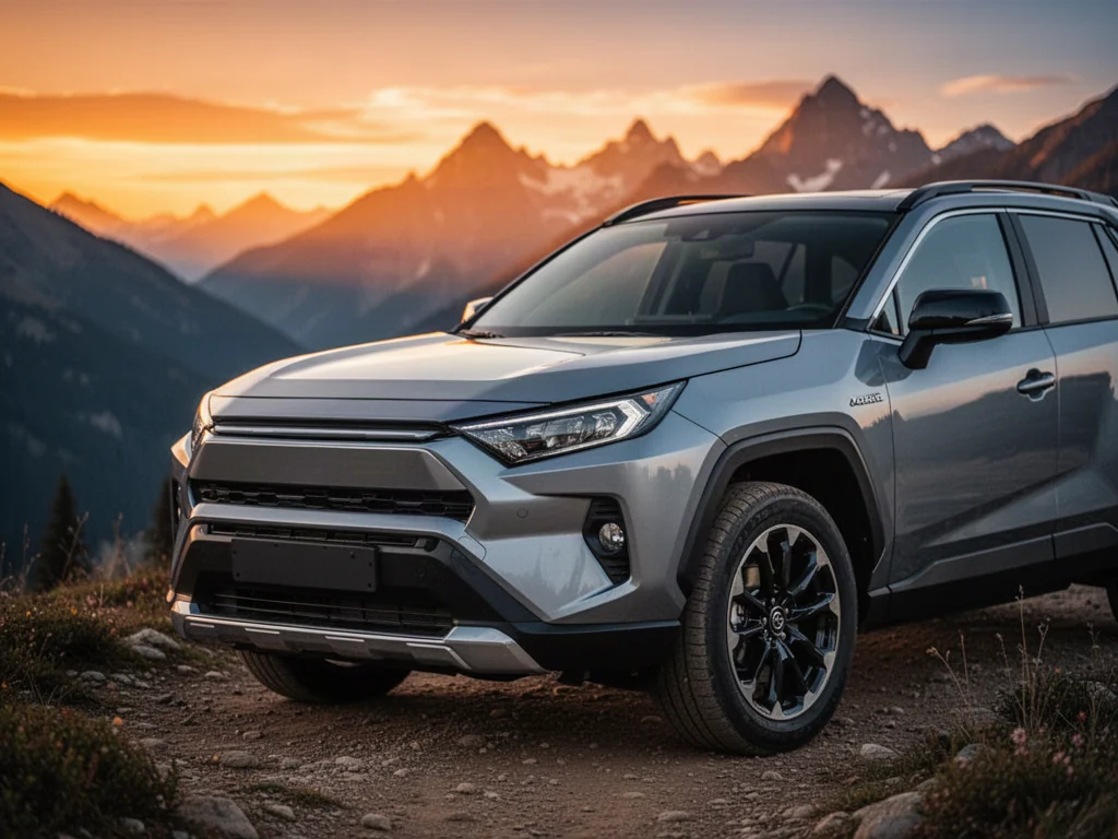 Nowa Dacia Duster zaparkowana na górskim szlaku podczas zachodu słońca, prezentująca nowoczesny design nadwozia.