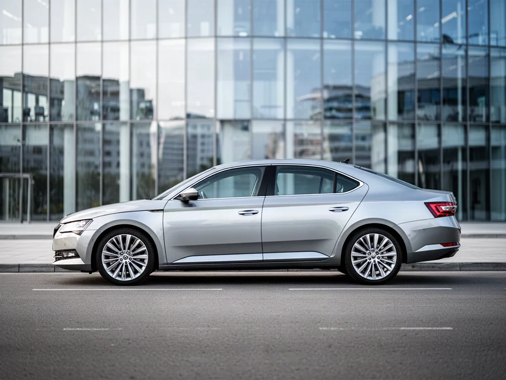 Srebrna Skoda Superb zaparkowana przed nowoczesnym biurowcem, ukazująca elegancką sylwetkę i aerodynamiczne linie nadwozia.