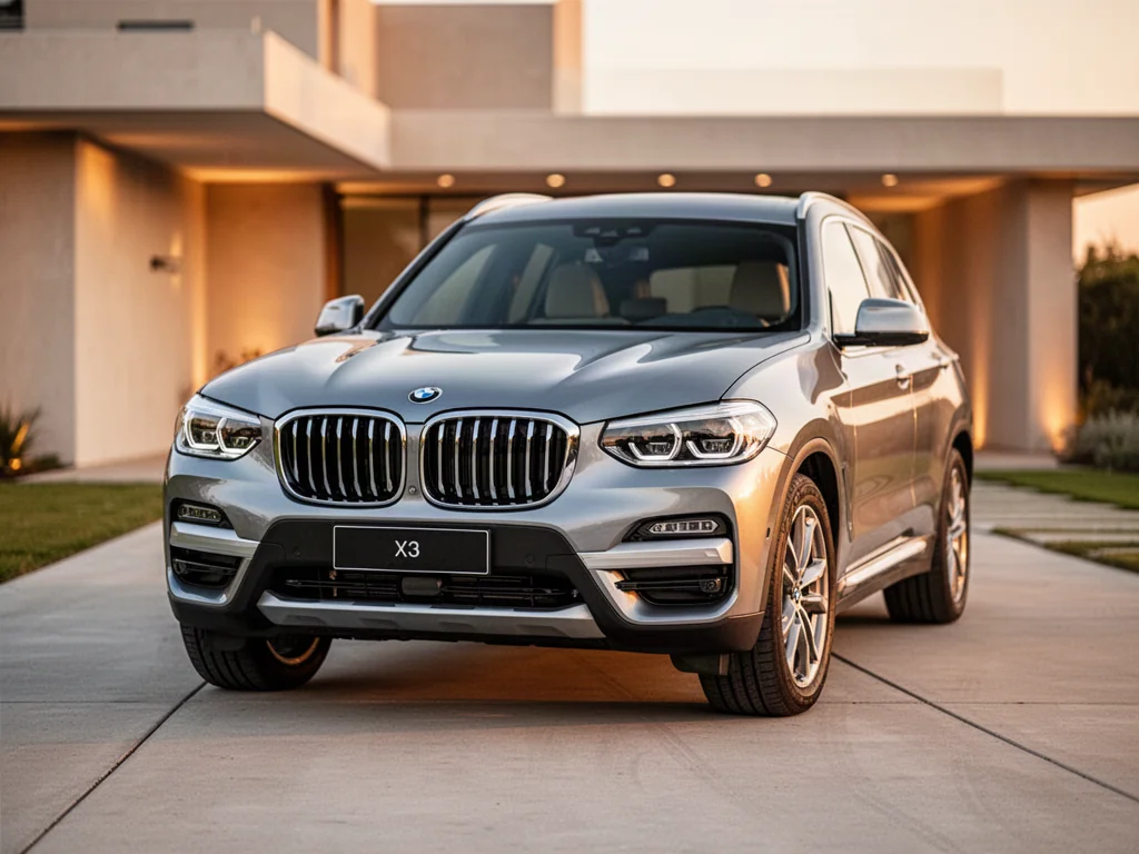 Srebrny BMW X3 G01 zaparkowany na nowoczesnym podjeździe w świetle zachodzącego słońca. Prezentacja sylwetki SUV-a.