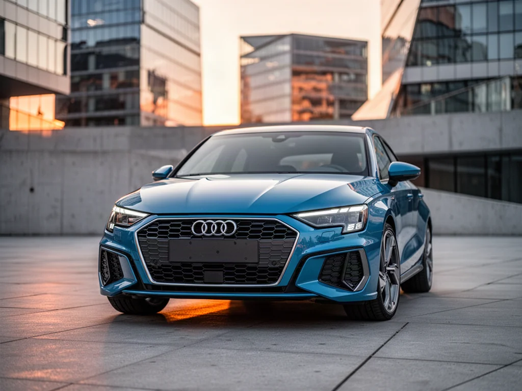 Nowoczesne Audi A3 8Y zaparkowane na minimalistycznym placu w świetle zachodzącego słońca. Widok na reflektory LED i grill.