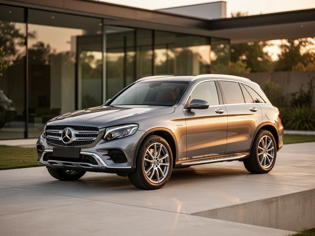 Nowoczesny Mercedes-Benz GLC zaparkowany na podjeździe w świetle zachodzącego słońca na tle współczesnego domu.