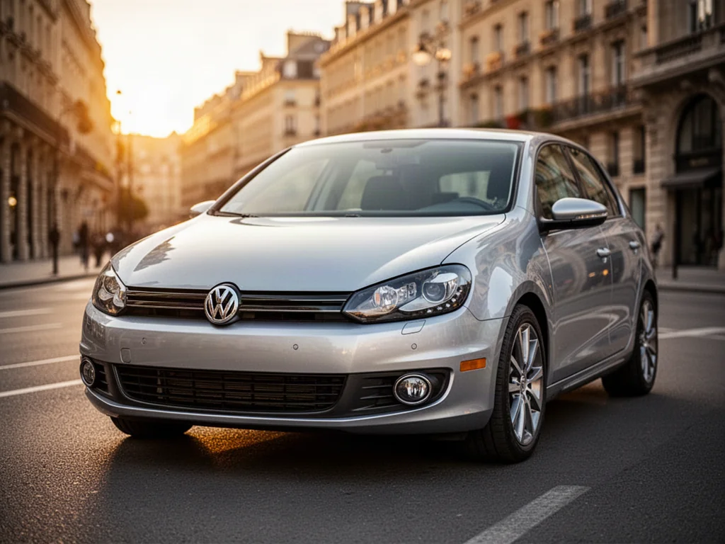 Srebrny Volkswagen Golf 6 zaparkowany na miejskiej ulicy w świetle zachodzącego słońca.