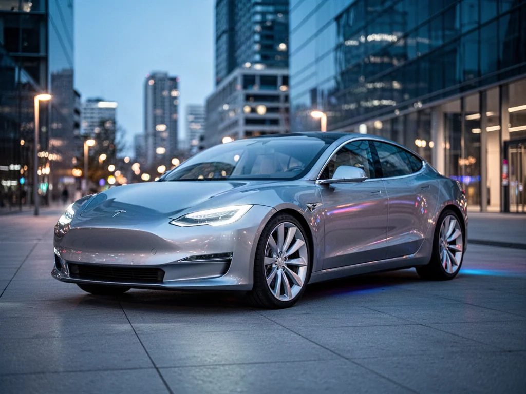 Nowoczesny elektryczny sedan BYD Seal zaparkowany na tle miejskiej architektury o zmierzchu.