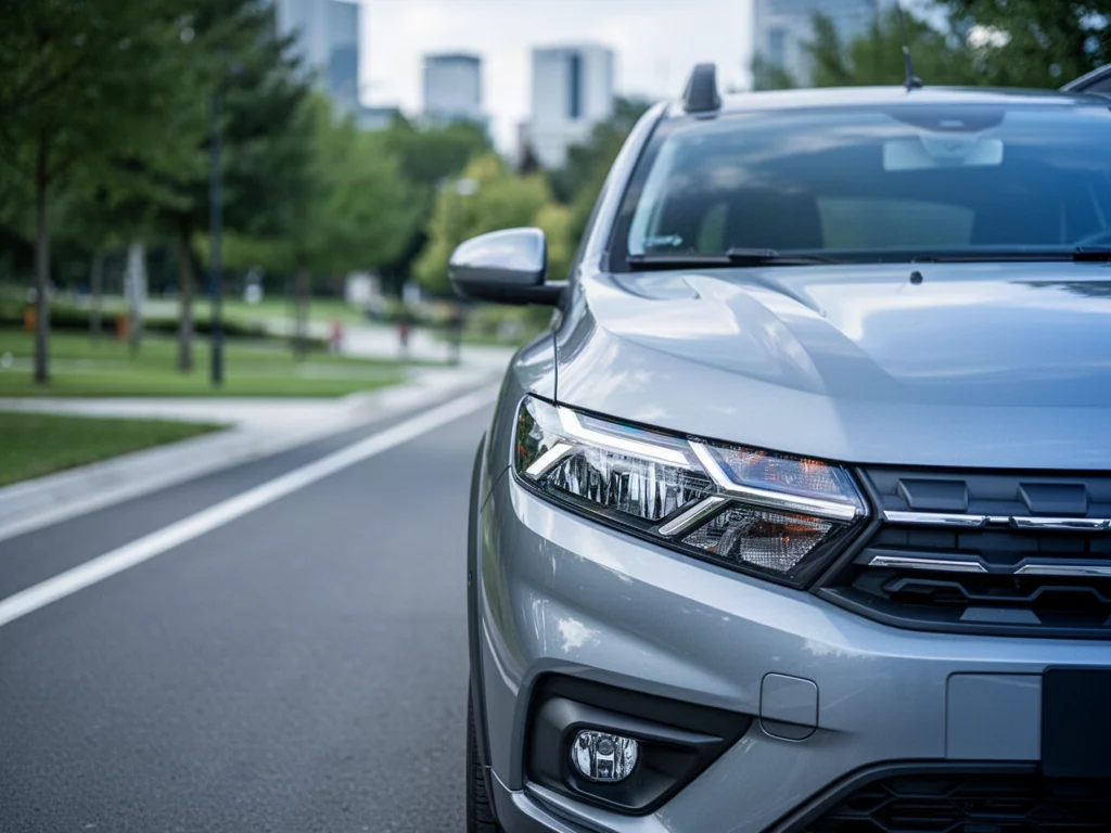 Srebrna Dacia Sandero III zaparkowana na asfaltowej drodze, prezentująca nowoczesny design przednich reflektorów.