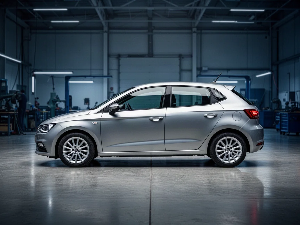 Srebrny Volkswagen Golf 5 zaparkowany w nowoczesnym studiu, prezentujący profil nadwozia i klasyczny design modelu.