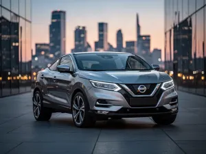 Granatowy SUV Tesla Model Y zaparkowany na nowoczesnym podjeździe przed przeszklonym domem.