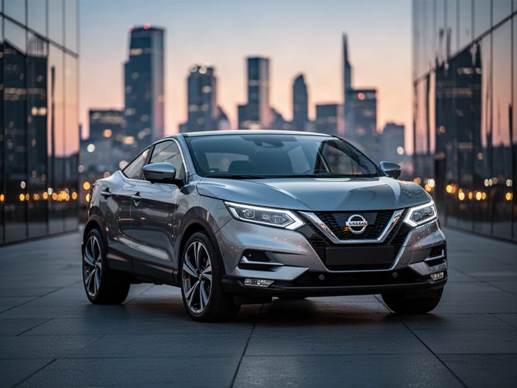Srebrny Nissan Qashqai III zaparkowany na tle nowoczesnego miasta o zachodzie słońca.