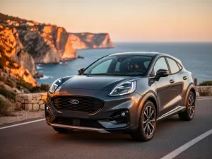 Czerwony Opel Corsa F zaparkowany na miejskiej ulicy w świetle zachodzącego słońca.
