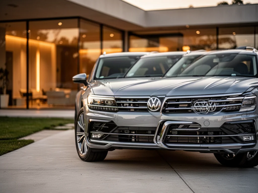 Srebrny Volkswagen Tiguan trzeciej generacji zaparkowany na nowoczesnym podjeździe w świetle zachodzącego słońca.