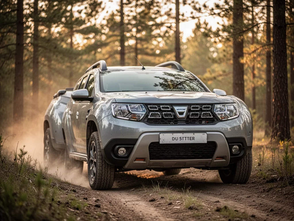 Srebrna Dacia Duster zaparkowana na leśnej ścieżce w promieniach zachodzącego słońca.