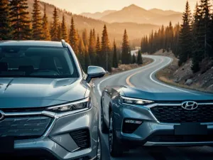 Srebrna Toyota Yaris Cross zaparkowana na miejskiej ulicy w blasku zachodzącego słońca, podkreślającym nowoczesny design auta.