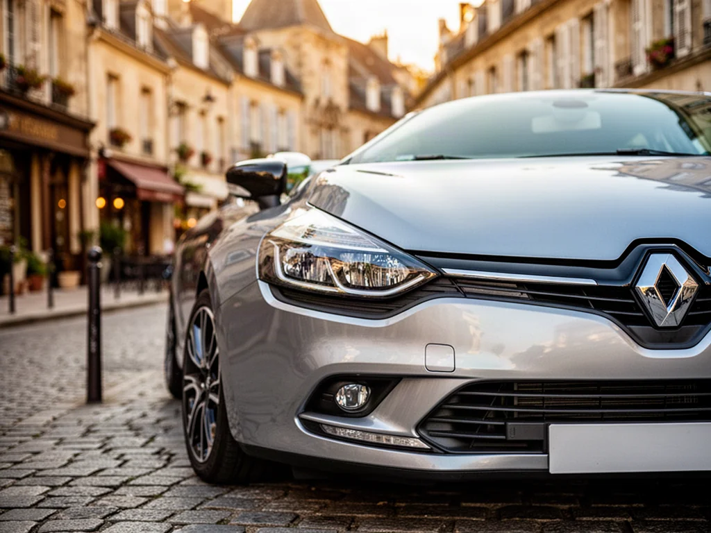 Srebrny Renault Clio IV zaparkowany na brukowanej uliczce w europejskim mieście w promieniach popołudniowego słońca.