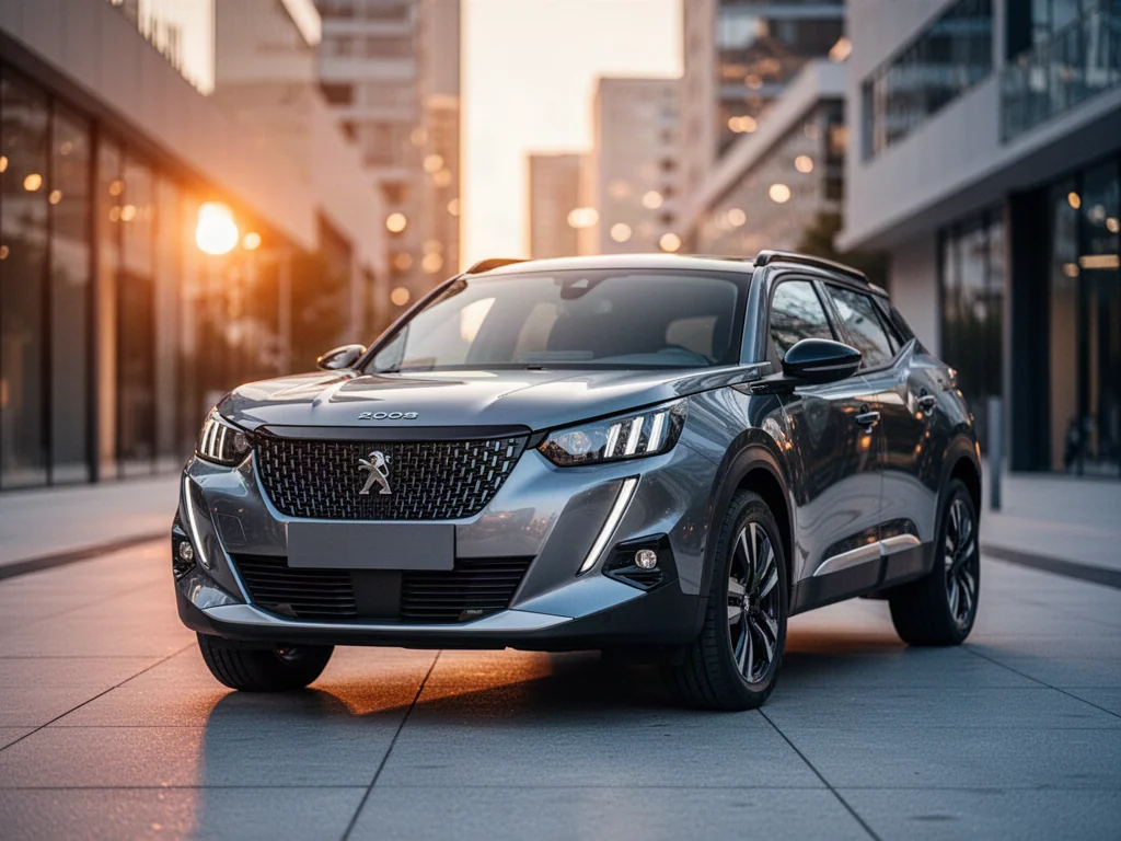 Nowoczesny Peugeot 2008 zaparkowany na miejskiej ulicy w świetle zachodzącego słońca. Widok na dynamiczny przód SUV-a.