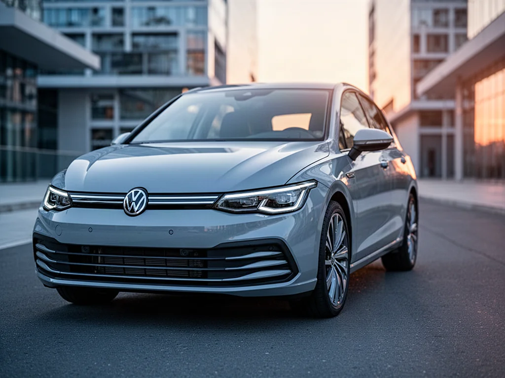 Srebrny Volkswagen Golf 8 zaparkowany na tle nowoczesnej architektury w świetle zachodzącego słońca.