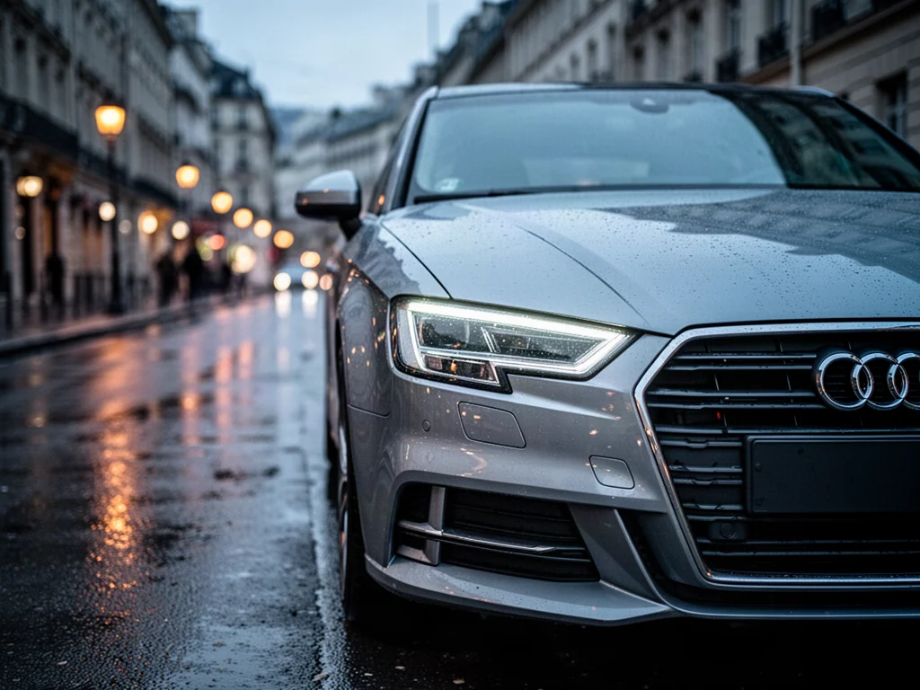 Srebrne Audi A3 8V zaparkowane na mokrym asfalcie o zmierzchu, z wyeksponowanym reflektorem LED i przednim grillem.