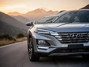 Srebrny Nissan Qashqai III zaparkowany na tle nowoczesnego miasta o zachodzie słońca.