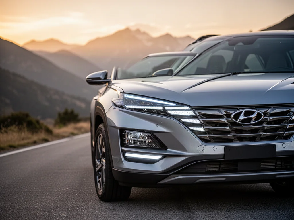 Srebrny Hyundai Tucson zaparkowany na malowniczej drodze o zachodzie słońca, eksponujący nowoczesny grill i światła LED.