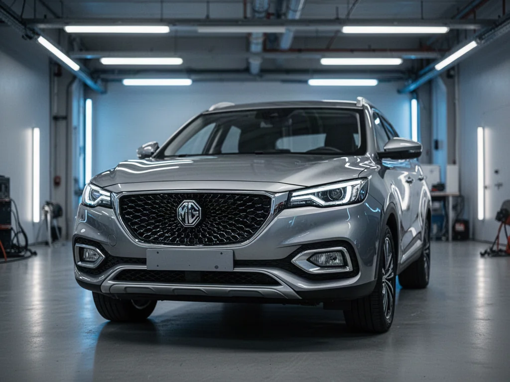 Srebrny SUV MG HS II zaparkowany w nowoczesnym garażu, eksponujący przedni grill i reflektory LED.