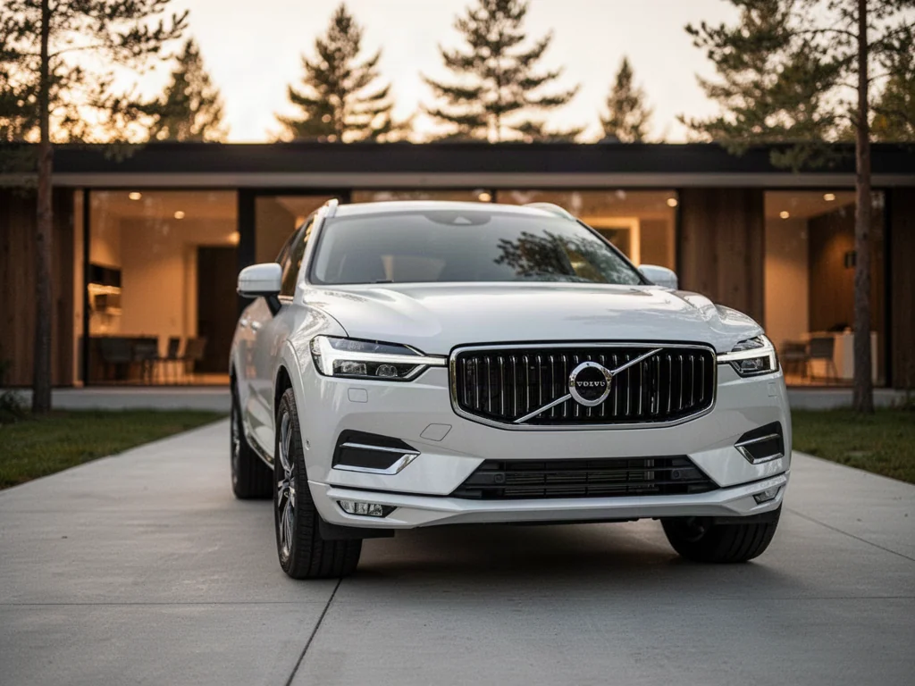 Białe Volvo XC60 zaparkowane na nowoczesnym podjeździe w świetle zachodzącego słońca, prezentujące design modelu.