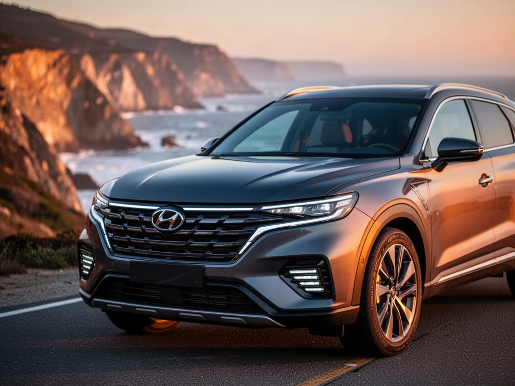 Renault Captur II zaparkowany na malowniczym wybrzeżu podczas złotej godziny, ukazujący nowoczesny design przedniego pasa.