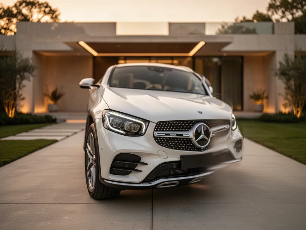 Biały Mercedes-Benz GLC zaparkowany na nowoczesnym podjeździe w świetle zachodzącego słońca.
