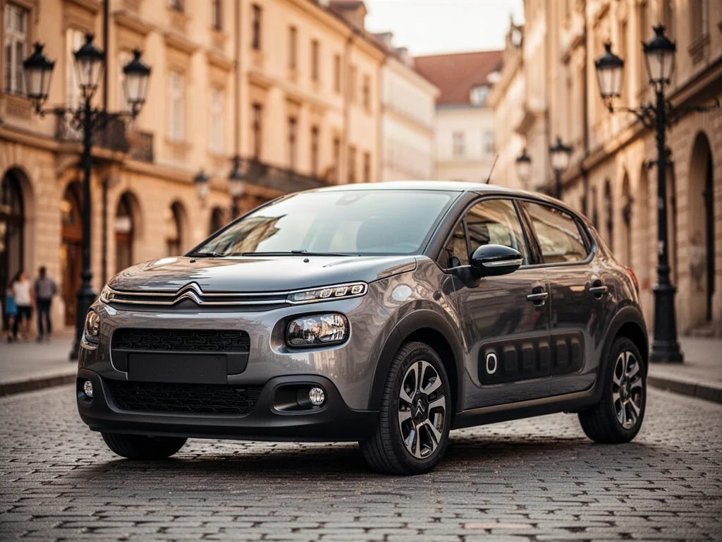 Nowoczesny Citroen C3 zaparkowany na brukowanej ulicy w historycznym europejskim mieście.