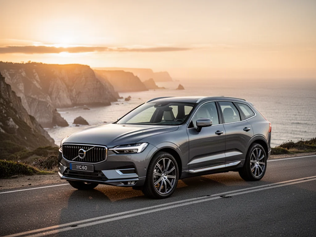 Nowoczesny Volvo XC60 zaparkowany na malowniczej nadmorskiej drodze podczas zachodu słońca.