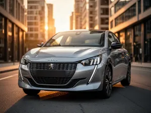 Srebrny Peugeot 208 zaparkowany na miejskiej ulicy podczas zachodu słońca, z wyeksponowanym nowoczesnym reflektorem LED.