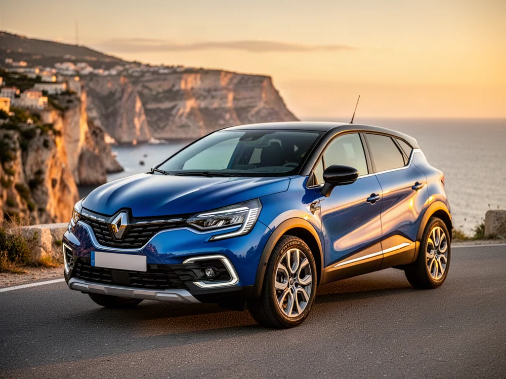 Niebieski Renault Captur zaparkowany na malowniczej nadmorskiej drodze podczas zachodu słońca.