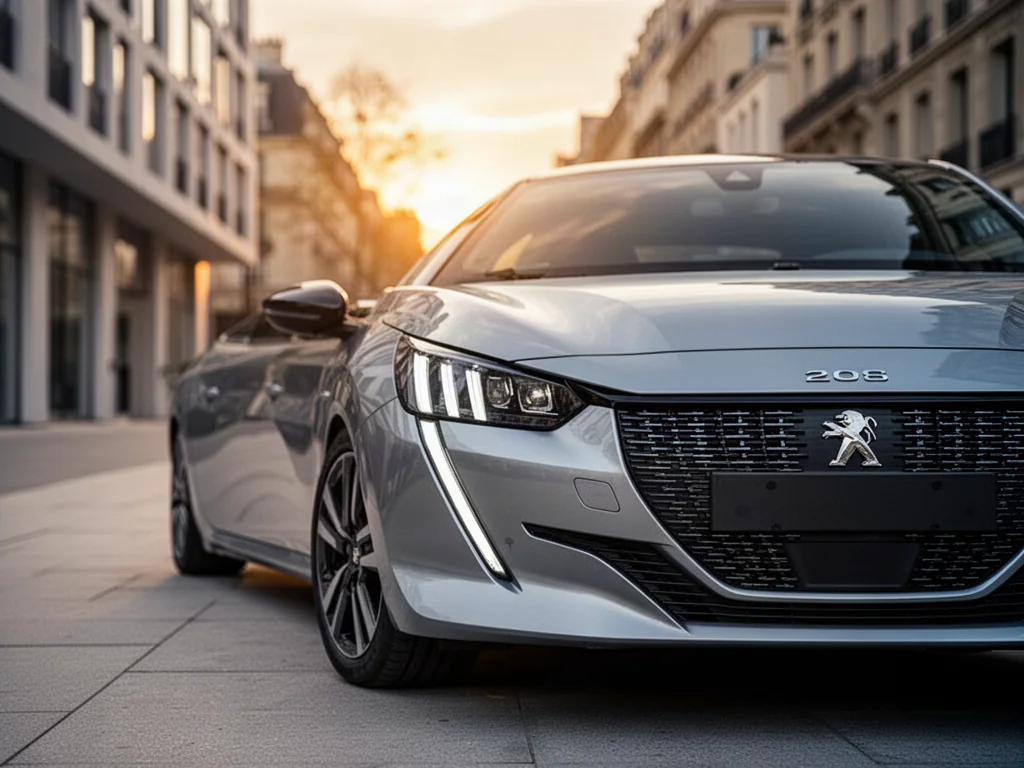 Srebrny Peugeot 208 zaparkowany na miejskiej ulicy podczas zachodu słońca, z wyeksponowanym nowoczesnym reflektorem LED.