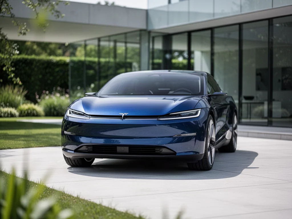 Granatowy SUV Tesla Model Y zaparkowany na nowoczesnym podjeździe przed przeszklonym domem.