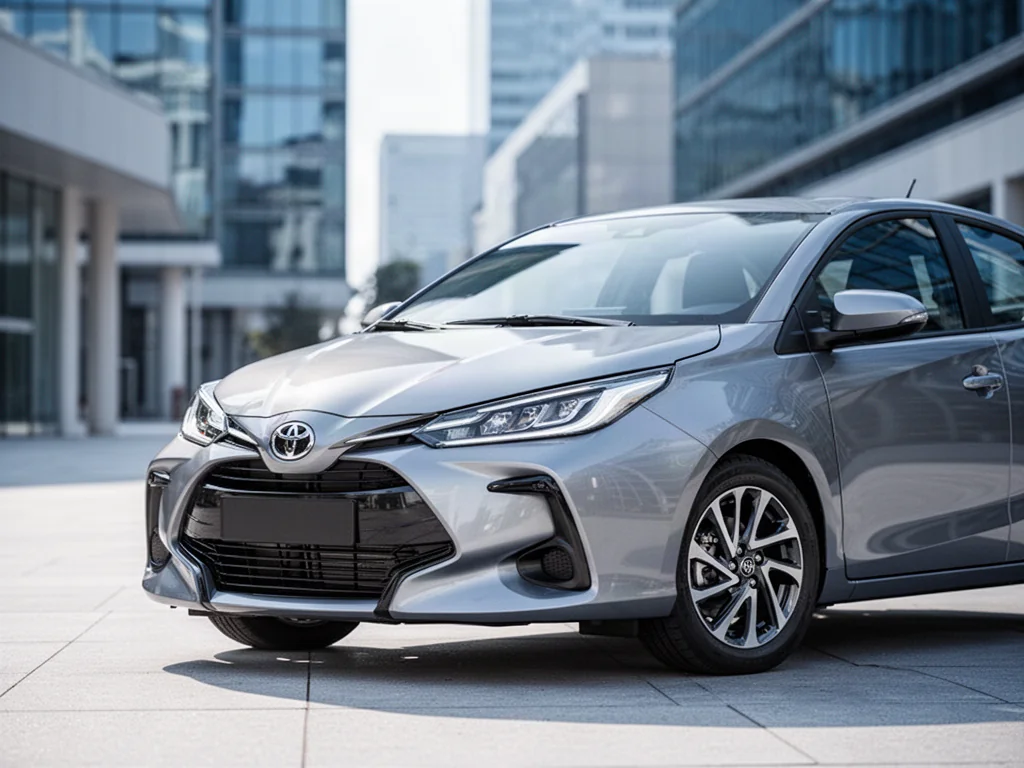 Srebrna Toyota Yaris IV zaparkowana na nowoczesnej ulicy w słoneczny dzień, prezentująca dynamiczny design przodu auta.